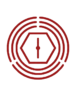 Red circular emblem with a hexagon and vertical line inside, surrounded by concentric red rings around it.