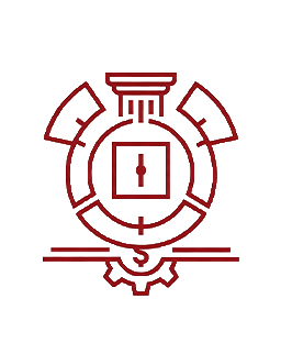 Logo of a railway/engineering emblem: circular gear with rails at bottom and a central square, stylized train wheel motif in maroon