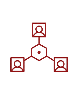 Network diagram with a central hexagon hub connected to three user profile icons.