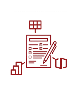 Red icon of a document with a checklist being edited by a pencil and small UI elements nearby, indicating content editing.