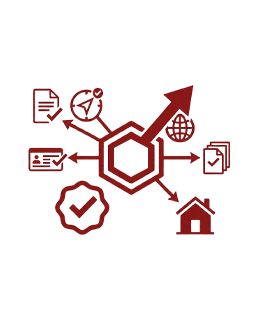 Red infographic with a central hexagon connected to surrounding icons (home, gear, rocket, clock, user) illustrating interconnected services around a hub.