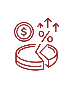 Pie chart with a separated slice, upward arrows and a percent sign indicating growth in figures.