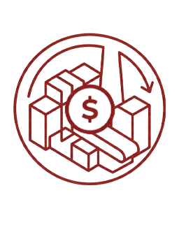 Circular seal featuring six 3D boxes around a central cube with a curved arrow suggesting packaging or logistics flow.