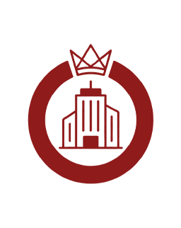 Logo: building icon inside a red circular ring with a crown on top, resembling a crest.