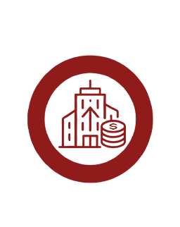 Red circular badge showing a bank building with coins, symbolizing banking or finance.