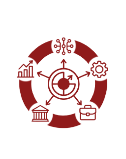 Circular business process diagram with five icons around: bar chart, cloud network, gear, government building, and briefcase.
