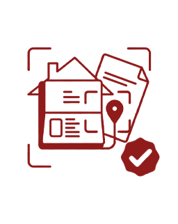 Illustration of documents and a map pin with a checkmark, indicating verified records or validation.