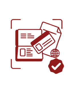 Icon representing identity verification: a user badge with a red check mark beside overlapping documents and an ID card framed by brackets.