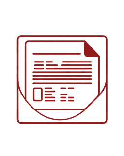Document icon: red outline with a folded corner, representing a report or file within a square badge.
