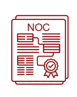 Red line-drawn document or certificate titled 'NOC' with text blocks and a checkmark-ribbon seal on the lower right, indicating certification