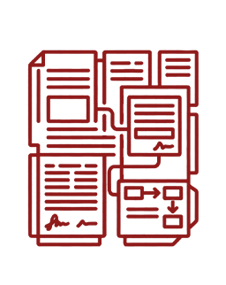 Cluster of red outlined documents overlapping each other with lines of text and icon blocks.