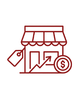 Storefront icon with price tag and rising sales chart, signaling retail growth for a business page.