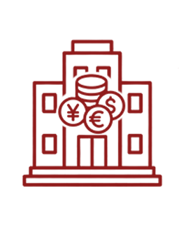 Outline of a red bank building with stacked coins and currency symbols in front, representing finance or banking