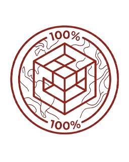 Red circular seal with a central 3D cube geometric design and decorative border text around the edge.