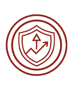Circular red emblem with a shield containing a mountain and an up-right arrow, surrounded by concentric rings.