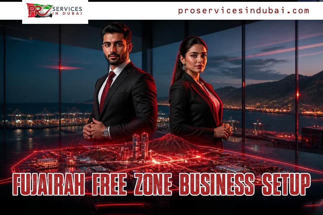 Two suited professionals stand before a glowing red holographic city map, with a banner reading 'Fujairah Free Zone Business Setup' at the bottom (advertising image).