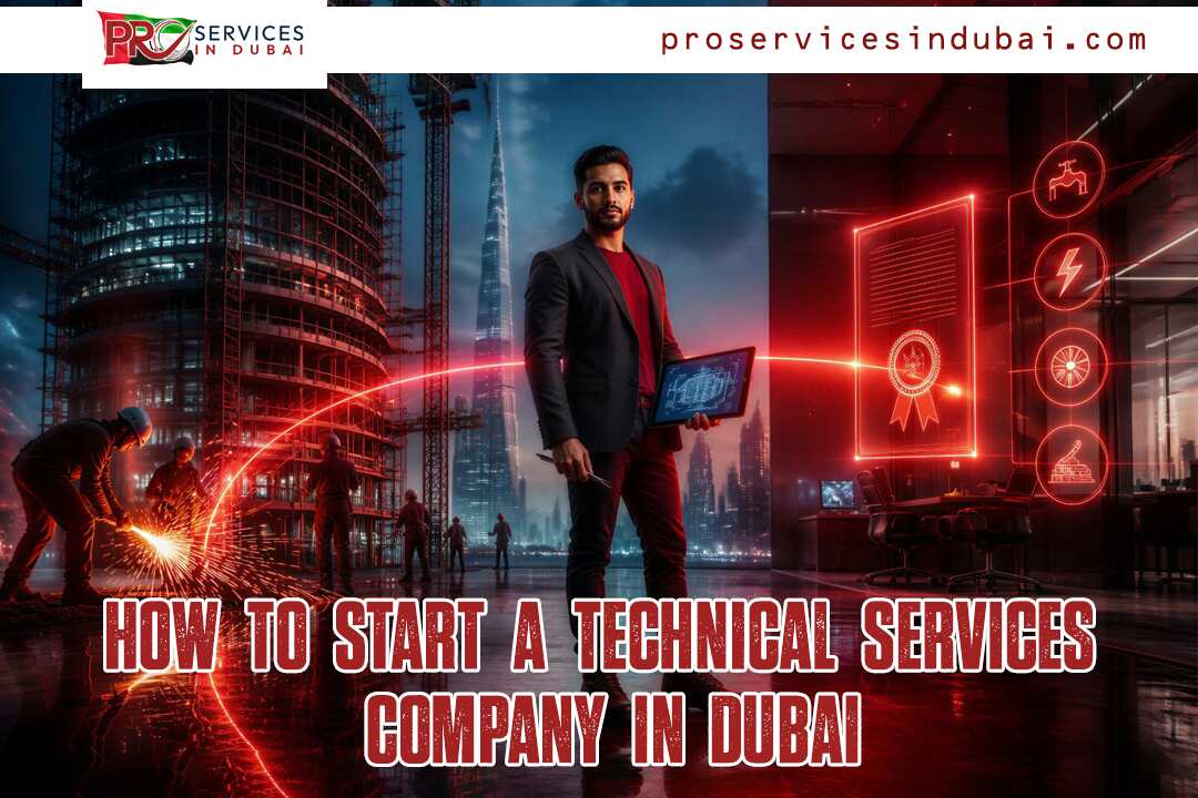 Thumbnail showing a man in a suit holding a tablet at a neon-lit, futuristic construction site with red holographic graphics; the bold headline reads 'HOW TO START A TECHNICAL SERVICES COMPANY IN DUBAI'—suggesting a startup guide.