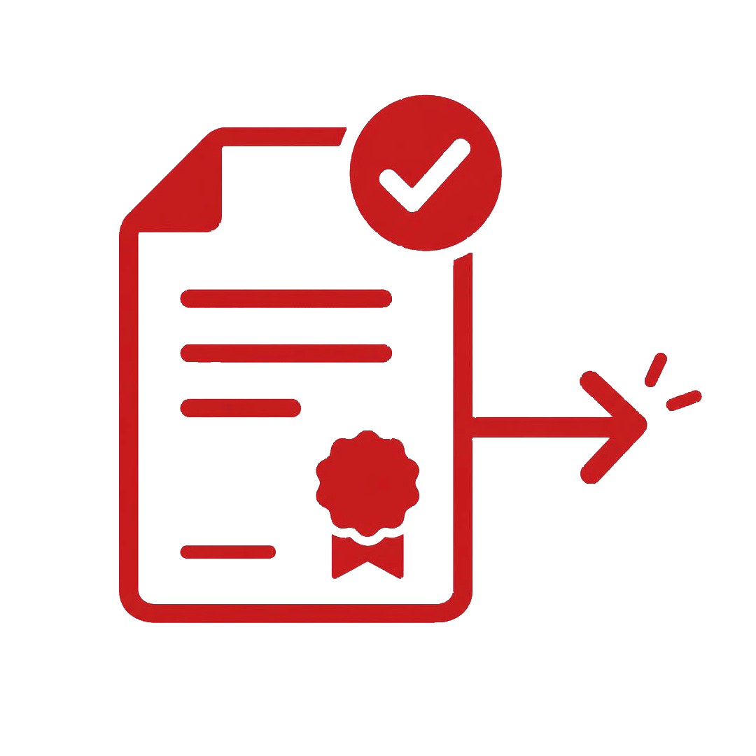 Certified document icon with a red seal and a rightward arrow, indicating approval and distribution