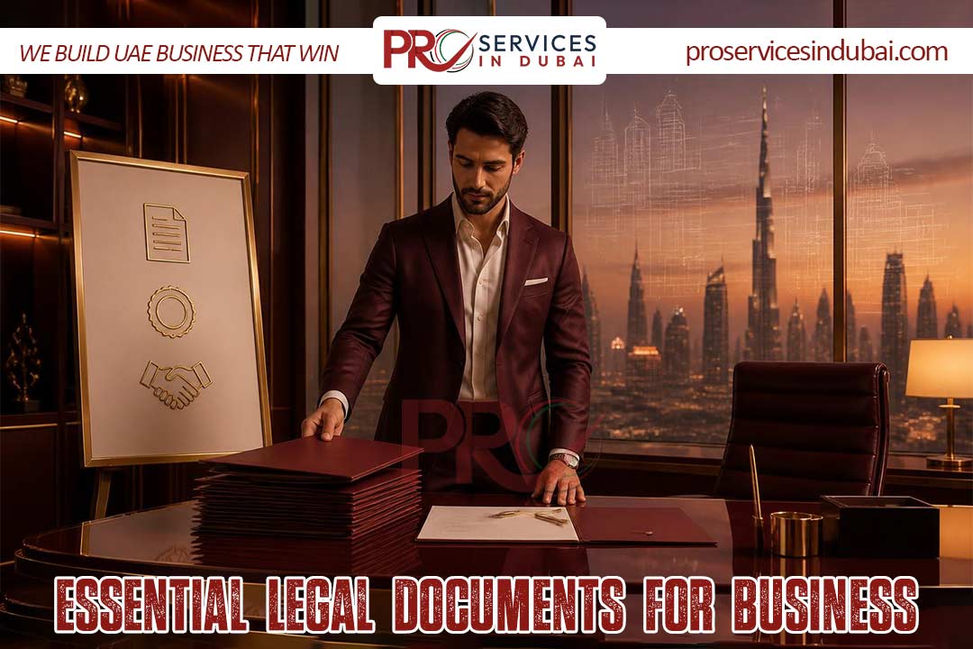 Professional man in a burgundy suit stacks red folders on a desk in a high-rise office; caption reads Essential Legal Documents for Business at the bottom.